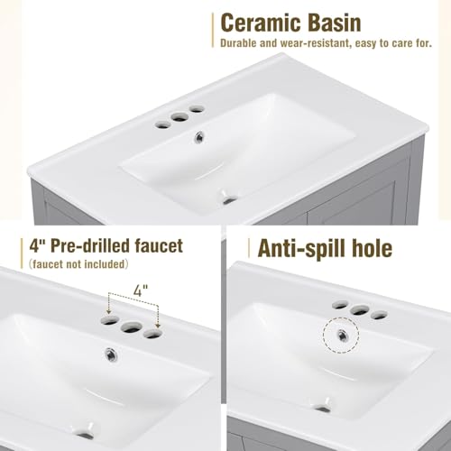 Linique 30" Bathroom Vanity with Sink Combo Set, Solid Wood Frame Bathroom Storage Cabinet with 2 Soft Closing Doors and a Drawer, Multifunctional Storage, Grey - color: Grey