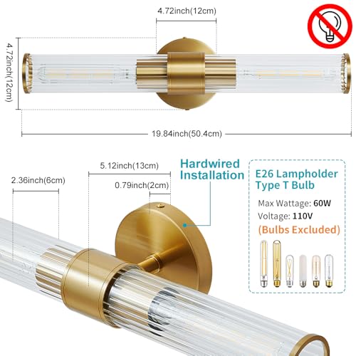 Hardwired Bathroom Light Fixtures, Gold Wall Sconce in Threaded Glass Indoor Wall Sconces, Modern Bathroom Vanity Light Up and Down Sconces Wall Lighting for Living Room, Bulb Not Included - color: Gold-B