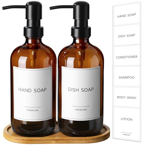 GMISUN Amber Glass Soap Dispenser, 2 Pack Bathroom Hand Soap Dispensers with Bamboo Tray, 17 Fl Oz Kitchen Hand and Dish Soap Dispenser Set, Modern Vintage Liquid Brown Soap Dispensers Bottle - color: Amber Bottle + Black Pump + Bamboo Tray, size: 2 Pack
