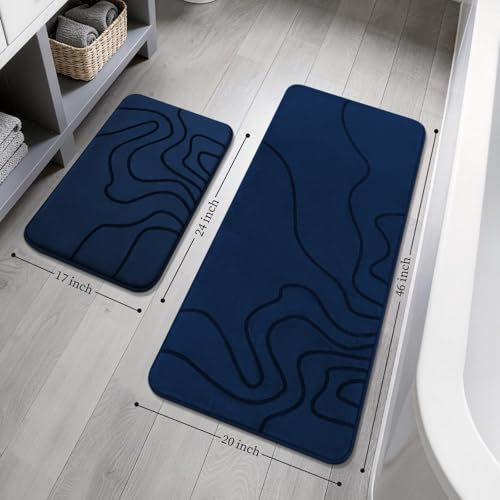 YIHOUSE Memory Foam Bathroom Rugs Sets 2 Piece - Extra Thick Ultra Soft Absorbent Bath Mat Set, Non-Slip Machine Washable Bath Rugs for Bathroom, Tub & Shower, Home Decor (17"x24"+20"x46", Dark Blue) - color: Dark Blue, size: 1'5" x 3'10" (17"x24"+20"x46"