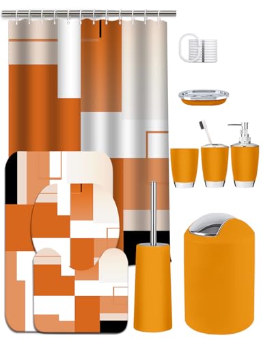 Lnond Orange Bathroom Set, 22-Piece Orange Abstract Bathroom Decor Set with with Shower Curtain and Rugs, Trash Can, Toilet Brush Holder Set & Soap Dispenser - style: Orange White Geometric