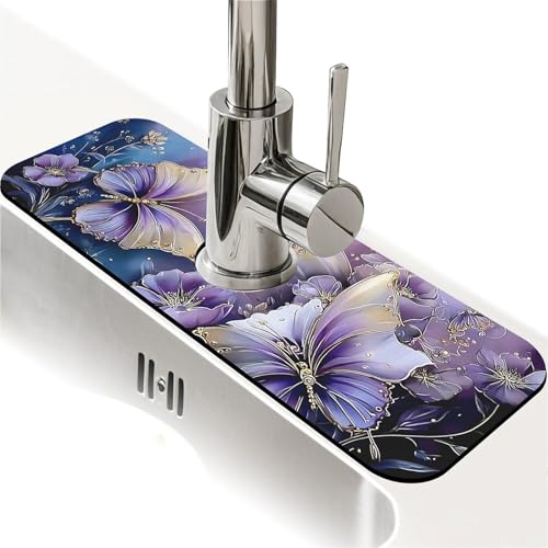 Faucet Fast Absorbent Pad - Purple Butterfly Floral , Suitable For Kitchen, Bathroom, Island And Other Scenes - color: Purple Butterfly Floral