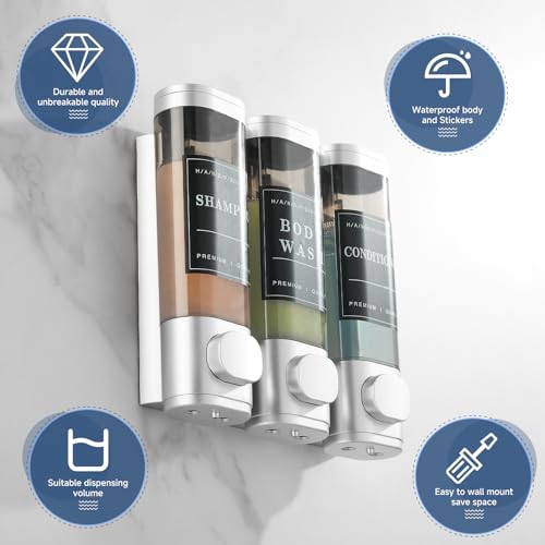 Shower Soap Dispenser Wall Mounted No Drill Shampoo Dispenser for Shower Wall Shampoo and Conditioner Dispenser Bathroom Hotel 3 * 300ml with Waterproof Labels Sliver - color: Silver