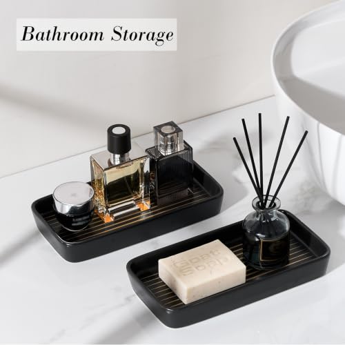 Bathroom Vanity Tray for Countertop,2PC Rectangle Striped Tray,Decorative Bathroom Organizer for Scrubber, Lotion Bottles, Perfume, Jewelry, Candle, Key Trinket Ring(Small,Black) - color: Black Color With Golden Stripes-2 Pcs