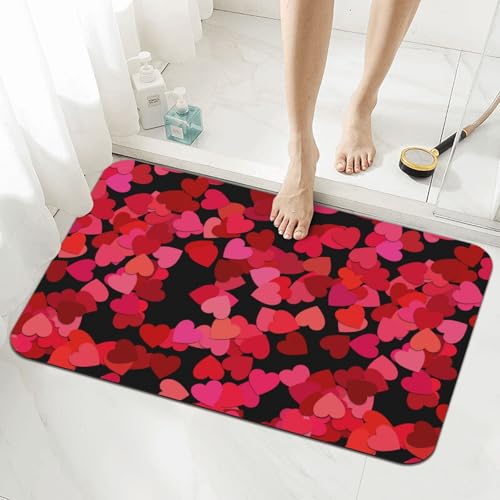 Valentine's Red Love Hearts Bath Mat Fit Under Door for Lover Couple Wedding Festival, Non-Slip Bathroom Rug Floor Mat Quick Dry Absorbent Bathmat for Bathtub Kitchen Shower Sink, 15.7x23.6 in - color: Red Love Hearts