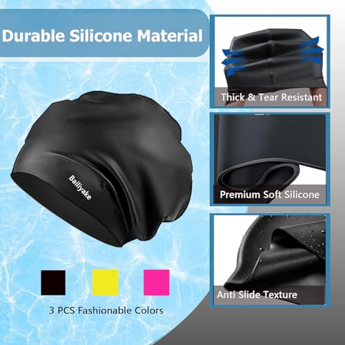 3 Pack Extra Large Swim Cap for Braids & Dreadlocks - Waterproof Silicone Swim Hat for Women with Long Thick Hair, Protective Swim Cap Cover Ears for Swimming, Shower, Bathing - color: Black+Pink+Yellow