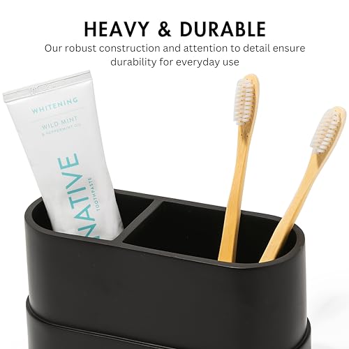Matte Black Large Toothbrush and Toothpaste Holder and Cup for Bathroom Vanity and Countertop, 2 Compartment Organizer for Electric Toothbrushes, Floss, Razors, Cotton, and Mouthwash - YEW DESIGN - color: Large Round Matte Black