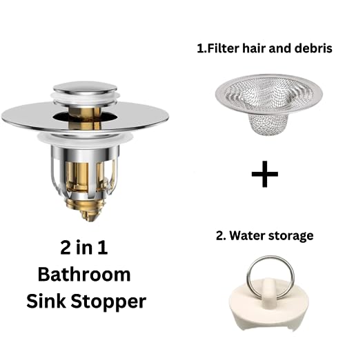 2-in-1 Bathroom Sink Stopper: Easy Installation, Anti-Clogging, Rapid Drainage, Durable Polished Chrome & Premium Brass Construction - Fits 99% US Standard Drains (1.06"-1.65") - Dual Function Design