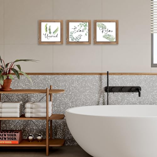 pechpell 3 Piece Relax Soak Unwind Wall Art Bathroom Signs, Wooden Sage Green Spa Bathroom Decor, Botanical Leaves Plant Pictures Indoor Restroom Shelf Table Bedroom Rustic Farmhouse Home Decorations - color: sage green