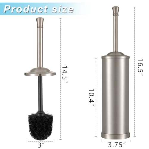 Brushed Nickel Toilet Brush and Holder Set,304 Stainless Steel Toilet Bowl Brush and Holder for Bathroom,Silver Heavy Duty Toilet Brush,Durable Scrubbing Bristles,Splash Resistant,Long Handle