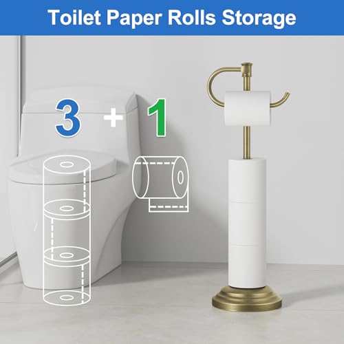RUMOSE Toilet Paper Holder Stand for Floor, Antique Brass Bathroom Free Standing Toilet Tissue Roll Holder with Storage, Adjustable 17-25 Inch, SUS304 Stainless Steel - color: Antique Brass