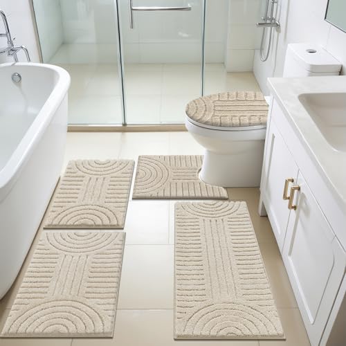 SHACOS Bathroom Rugs Sets 5 Piece Ultra Soft Absorbent Microfiber | Bath Mat with Bath Runner, U Shape Contour Rug, Toilet Lid Cover, Non Slip Machine Washable Carpet for Bedroom, Light Beige - color: Light Beige