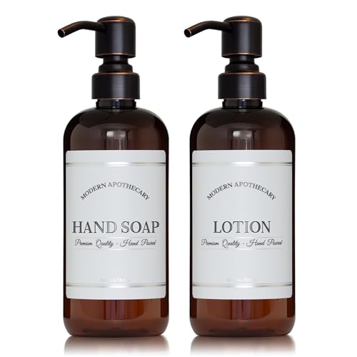 Amber Refillable Hand Soap and Lotion Dispenser Set for Bathroom Sink - PET Plastic Pump Bottles with Labels and Oil Rubbed Bronze Pumps - Waterproof Labels - 16 oz, 2 Pack - color: Orbronze Pump