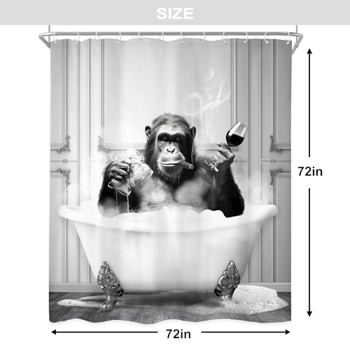 Newsely Funny Monkey Shower Curtain 72Wx72H Inch Chimpanzee in Bathtub Black White Animal Wildlife Boys Men Shower Curtain Bathroom Set Modern Cool Waterproof Bath Decoration Accessories Home Decor - color: A-monkey, size: 72"W x 72"L (Pack of 1)