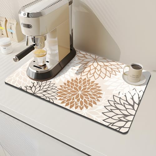 Findosom 2PCS 16" x 24" Dish Drying Mat & 24" x 5.5" Sink Splash Guard, Super Absorbent & Cuttable Dish Mat Drying Kitchen Mat with Brown Floral, Hide Stain Drying Mat for Kitchen Counter - color: Brown, size: 16" X 24" + 24" X 5.5"
