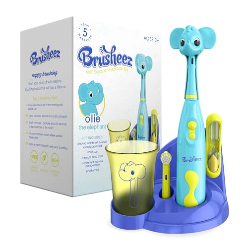 Brusheez Kids’ Electric Toothbrush Set - Safe & Effective for Ages 3+ - Parent Tested & Approved with Gentle Bristles, 2 Brush Heads, Rinse Cup, 2-Minute Timer, & Storage Base (Ollie the Elephant) - color: Ollie the Elephant