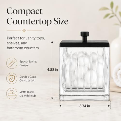Vince Camuto Home Glass Cotton Jar Holder – Matte Black Lid, Elegant Bathroom Storage Canister for Qtips, Cotton Balls, Floss, Makeup Organizer, Vanity & Bathroom Organization - color: CLEAR GLASS MATTE BLACK LID