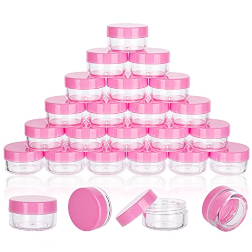 3 Gram Sample Jars with Lids, 25 Count Mini Cosmetic Containers - Makeup Travel Containers with Labels, Tiny Disposable Spatulas - color: Pink