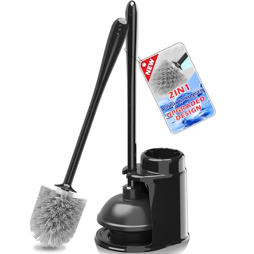 JEHONN Toilet Plunger and Brush Set Black with Holder and Hidden Tweezers, Heavy Duty Bathroom Bowl Scrubber Cleaning Kit for Bathtub Sink Wash Basin