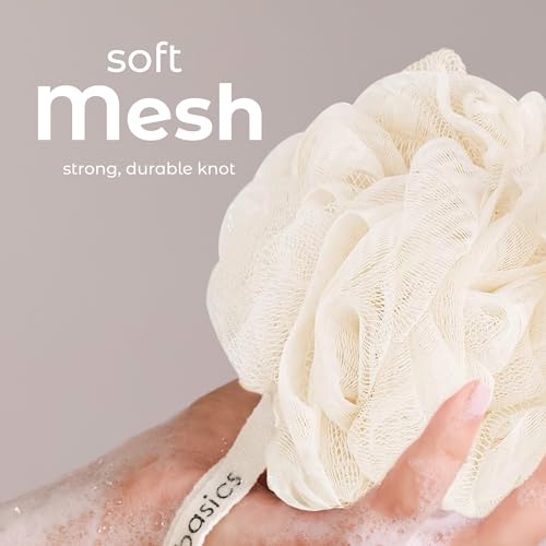 MainBasics Shower Loofah Sponge Pouf, Set of 3, Seaweed Infused | Soft Mesh Body Scrubber and Bath Sponge for Gentle Exfoliation, Rich Lather, and Everyday Shower Use - style: Seaweed