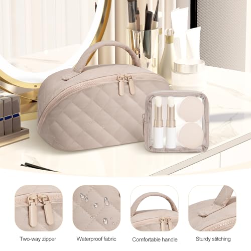 honitty Makeup Bag, Quilted Makeup Bag, Puffy Travel Make up Bags, Cosmetic Organizer Bag, Waterproof Toiletry Bag for Women - color: Khaki