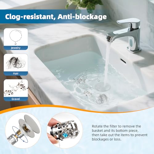 Hibbent Upgraded 3 in 1 Bathroom Sink Drain Strainer, Pop Up Sink Stopper with Big Push Cap, Anti-Clogging Metal Filter Basket,Sink Plug with Hair Catcher for 1.1''~2.36'' Basin, Brushed Nickel - color: Brushed Nickel