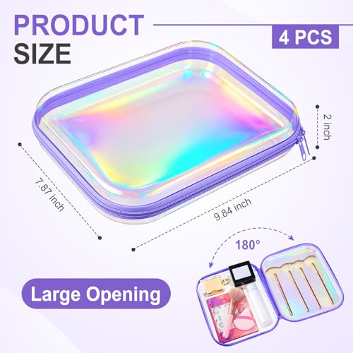 Hoolerry 4 Pcs Hard Clear Zipper Case Makeup Bags Plastic Zipper Pouch Transparent Storage Box Containers for Cosmetics, Snacks, Building Blocks, Puzzles(Clear,9.8 x 7.9 x 2 in,Purple Laser) - color: Purple Laser, size: 9.8 x 7.9 x 2 in