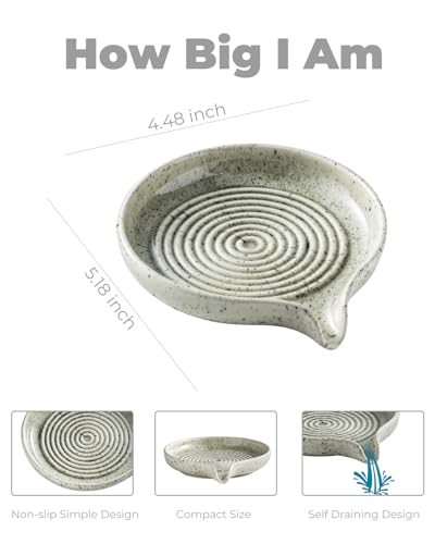 Soap Dish with Self-Draining Design, Ceramic Soap Holder with Drain Spout Soap Tray for Shower, Bathroom and Kitchen Sink, Keep Bar Soap Dry, Speckled Glaze - color: Speckled Glaze, size: Round