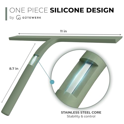 GÜTEWERK Silicone Shower Squeegee for Glass Doors & Mirrors with Stainless Steel Core, Streak-Free & No-Squeak Window Cleaning, 3-in-1 No-Drill Mount (Hook/Suction/Adhesive),Green, 11 Inches - color: Green, size: 11 Inches