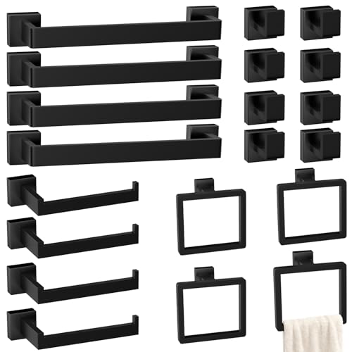 Bathroom Accessories Towel Bar Set: 20 Pieces Matte Black Bathroom Hardware Square SUS304 Stainless Steel - Wall Mounted Towel Rack&Toilet Paper Holder&Towel Ring and Towel Hook - color: Matte Black, size: 16inch 20 Pieces