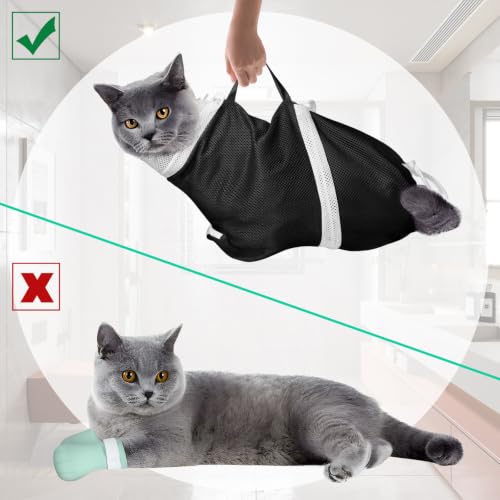 JULMELON Cat Bathing Bag Kit Adjustable Mesh Cat Washing Bag with Nail Clippers Nail File Brush Comb Tick Remover Tool Pet Grooming Bag for Cats and Small Dogs - color: Black+Green
