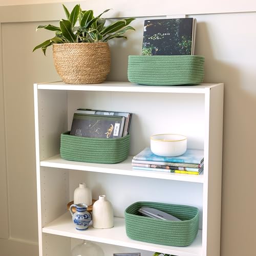 NaturalCozy 11.8"x8"x4.5” Rectangle Storage Baskets for Shelves 3 Pack | Cotton Rope Woven Small Baskets for Organizing | Small Storage Bins for Nursery, Bathroom, Closet, Shelf, Decorative, Gift - color: Green, size: 11.8" x 8" x 4.5"