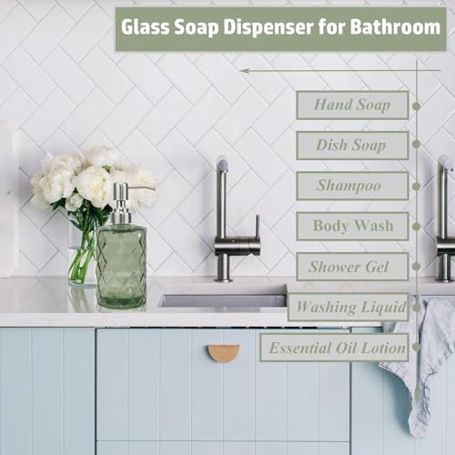 12Oz Green Soap Dispenser Bathroom - 2 Pack, Clear Glass Hand Soap Dispensers with Stainless Steel Pump, Refillable Dish Soap Dispenser for Kitchen, Countertop Soap Dispensers - color: Diamond Green（2-pack）