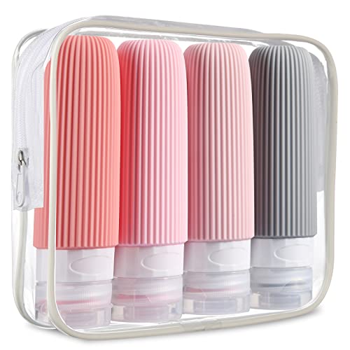 Mrsdry Travel Bottles for Toiletries, Tsa Approved 3oz Portable Travel Bottles, BPA Free Leak Proof Squeezable Silicone Travel Size Containers, Travel Accessories with Clear Toiletry Bag (4 Pack) - color: Rose Pink, size: 3 Ounces