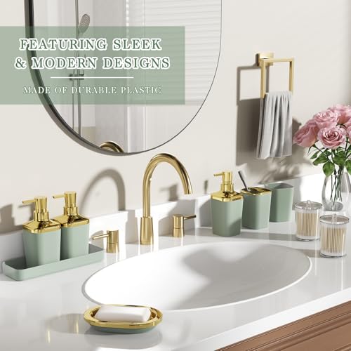 Bathroom Set - 26PC Bathroom Sets with Shower Curtain and Rugs, Bathroom Accessory Set, Sage Green Bathroom Set, Elegant Bathroom Accessories Set, Shower Curtain Set, Trash Can, Soap Dispenser - color: Sage Green & Gold, size: Bath Set+Shower Curtain+Bath