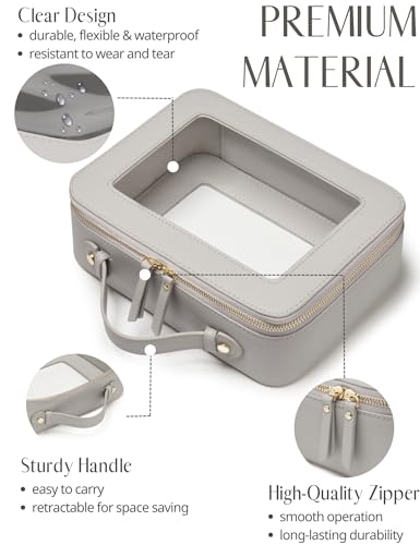 Popvibe Clear Makeup Bag Toiletry Case Travel Transparent Cosmetic Bag with Zipper, Portable Make Up Organizer Traveling Compact Car Bag for Essentials, Beige Grey - color: Beige Grey, style: Large Luxe