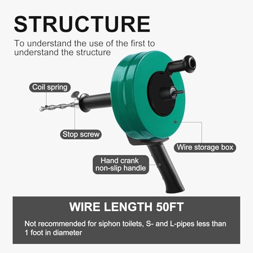 Drain Snake Auger, 50 Feet Flexible Plumbing Snake with 1/4" Drill Adapter, Manual or Drill Powered Drain Cleaner for Kitchen Sink, Bathroom & Shower Drains, Includes Gloves Storage Bag, Green - color: Green-50FT