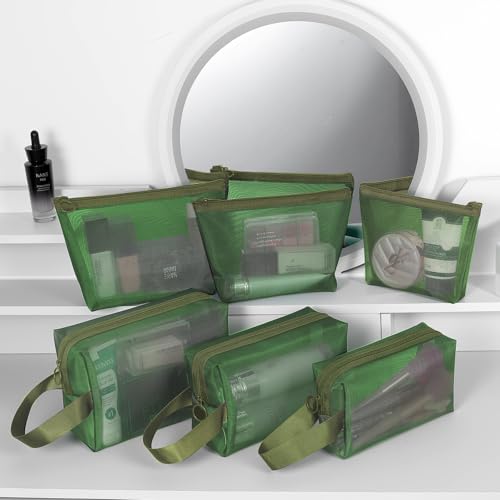 6 Pieces Zipper Mesh Makeup Bags Set, Nylon Cosmetic Bags Portable Clear Toiletry Bas Travel Organizer Bags for Office Travelling Organization (Green, Assorted Size) - color: Green