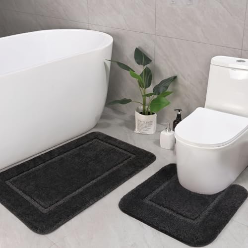 LOCHAS Bathroom Rug Set Dark Grey, Soft Bath Rug Set 2 Piece, Toilet Mat U-Shaped 20x20 and 34x20 Bath Rugs, Quickly Dry Mats for Bathroom, Tub, Washable, Super Absorbent Floor Mat - color: Dark Grey, size: 34" x 20" Plus 20" x 20" (U-Shape)