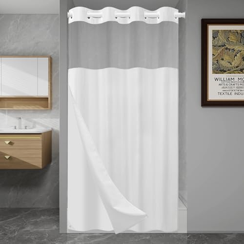 SORTTO No Hook Shower Curtain with Snap in Liner Set Waffle Shower Curtain for Bathroom Hotel Style Fabric Waterproof Inner Liner，36" W x 74" H, White - color: A - White, size: 36"W x 74"L (Pack of 1)