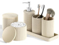 6-Piece Beige Bathroom Set - Mesh Textured Resin Bathroom Accessories Set with Soap Dispenser, Toothbrush Holder, Cup, Vanity Tray & Apothecary Jars for Small Spaces - color: Beige - Mesh Textured