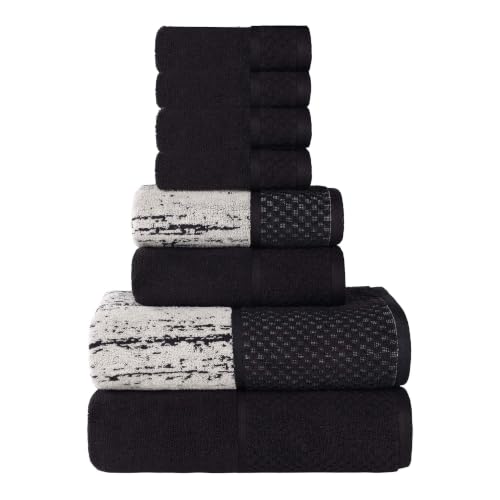 Superior Cotton Bathroom Towel Set, Plush Absorbent, 8 Piece, Black Ivory | Soft Quick Dry, Bathroom Essentials, Jacquard & Solid Pattern Assorted Towels, 2 Bath, 2 Hand, 4 Face Towel, Lodie Collection - color: Black-ivory, size: 8 Piece Towel Set (Jacqua