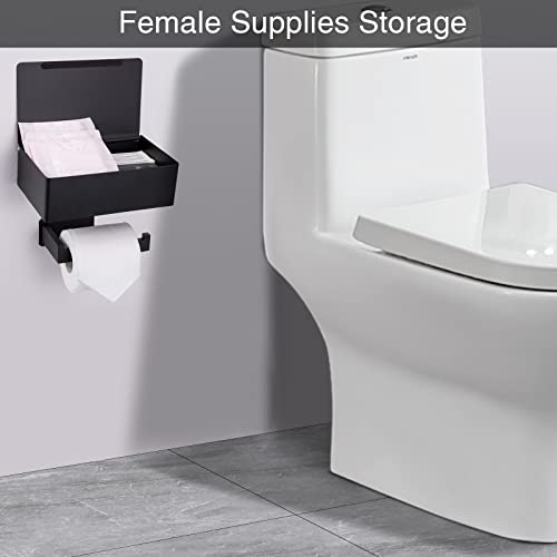 Adhesive Toilet Paper Holder with Shelf and Storage, Wall Mount Toilet Paper Roll Holder & Flushable Wipes Dispenser Set Fits Any Bathroom, Stainless Steel Tissue Holder-Square, Matte Black - color: Black Square