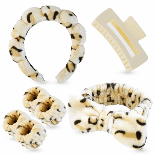 7 Pcs Spa Set, Facial Headband and Wristband Set, Skincare Accessories, College Style Girl Idea Gifts, Hair Accessories for Women and Girls（Leopard） - color: Leopard