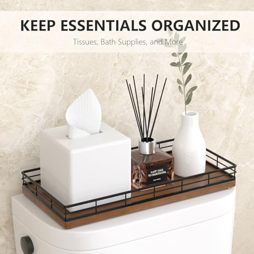 Toilet Paper Basket Organizer, Oak Wood Toilet Tank Tray with Metal Frame | Bathroom Counter Top Storage for Toilet Paper, Wipes & Decor, Modern Narrow Back of Tank Shelf Organizer, Black & Brown - color: Black & Brown, size: 13" x 6.5" x 2"
