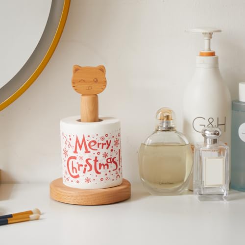 Vinoil Toilet Paper Holder Stand, Cute Cat Design Wooden Toilet Paper Holder Free Standing, Decorative Toilet Roll Holder, Scrunchies Holder Stand, Hair Ties Organizer - size: 8.27inch-Cat