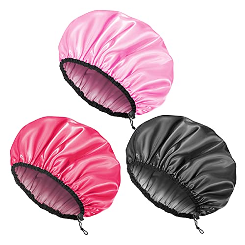 Auban Shower Cap for Women, Adjustable Reusable, Extra Large, Double-Layer Waterproof Bathing Cap, Waterproof Exterior, EVA Lining, Hair Cap for All Hair Lengths, 3 Colors - color: pink,rose red,black