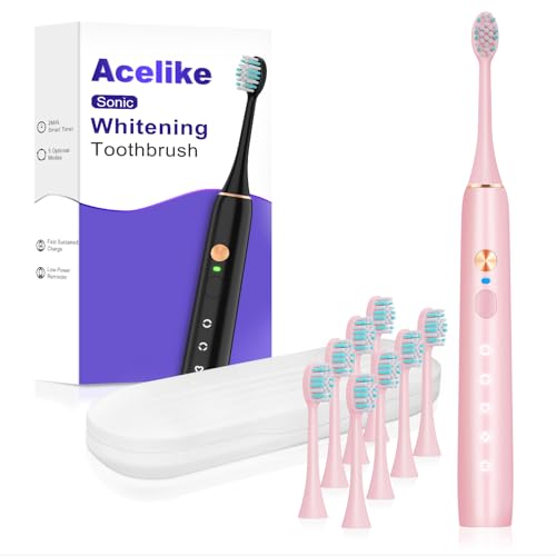 Whitening Electric Toothbrush for Adults, Rechargeable Toothbrush with 8 Brush Heads & Travel Case, 5 Modes & Smart Timer, 45000VPM Deep Clean, IPX7,One Fast Charge Last 120 Days - Pink - color: Pink