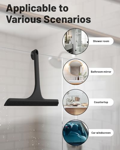 2-in-1 Silicone Shower Squeegee with Hook,Dual-Sided Design with Scraper & Scrub Surface,Rust-Proof Stainless Core,Streak-Free Bathroom Squeegee for Glass Doors,Mirrors,Windows,Car Windshields (Black) - color: Black