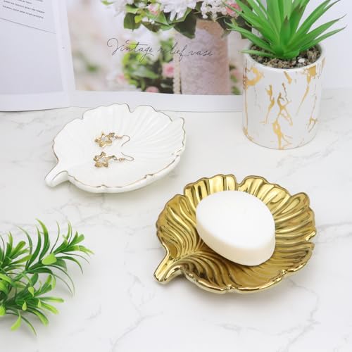 Gold Leaf Bathroom Soap Dish,Ceramic Soap Dish Holder in Palm Leaf Style,Self Draining Design and Used to Hold Various Small Bathroom and Kitchen Accessories - color: Gold